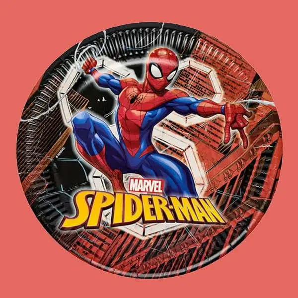 Spider-Man themed party plate featuring Spider-Man swinging through a cityscape with Marvel branding and web design graphics.